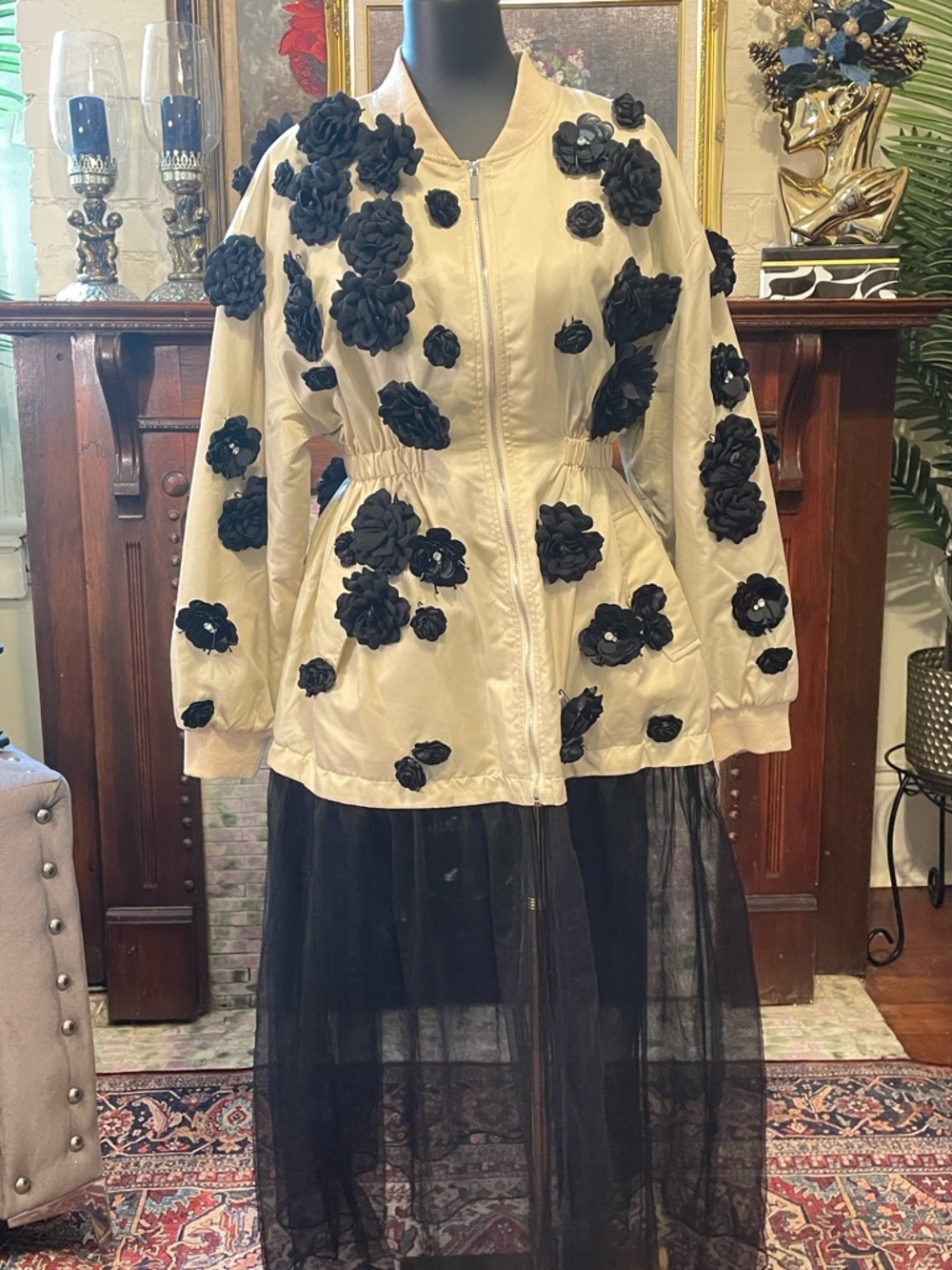 ASOS Cream Bomber Jacket with Black Floral Appliqués
